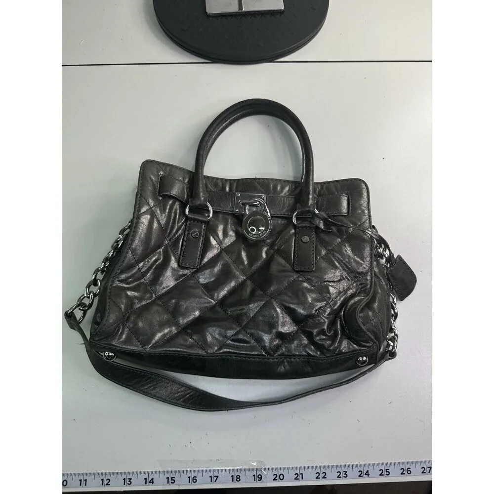 Michael Kors Hamilton Quilted Gun Metal Leather Small Tote Shoulder Bag